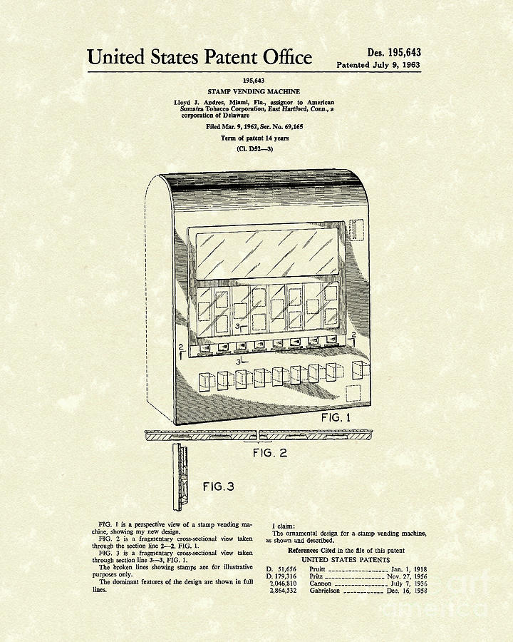 Stamp Vending 1963 Patent Art Drawing by Prior Art Design