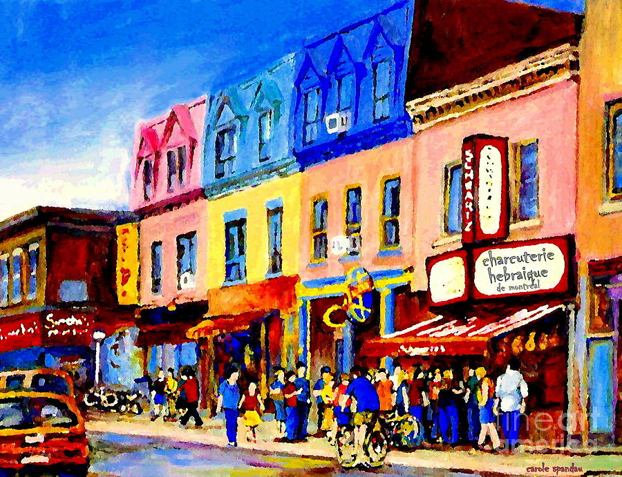 Standing In Line As Biker And Shoppers Pass By Schwartz Deli Montreal Painting Street Scene Cspandau Painting by Carole Spandau