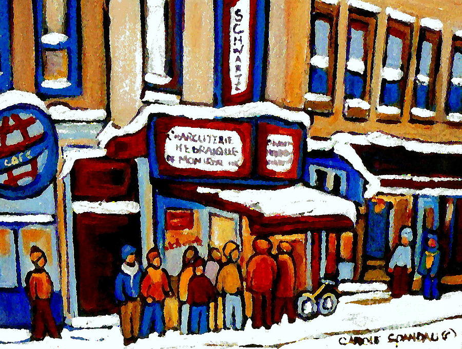 Standing In Line At The Charcuterie Schwartz Main Street Montreal Art Winter Scene Painting Cspandau Painting by Carole Spandau