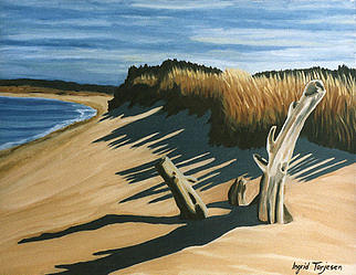 Beach Painting - Standing Logs by Ingrid Torjesen