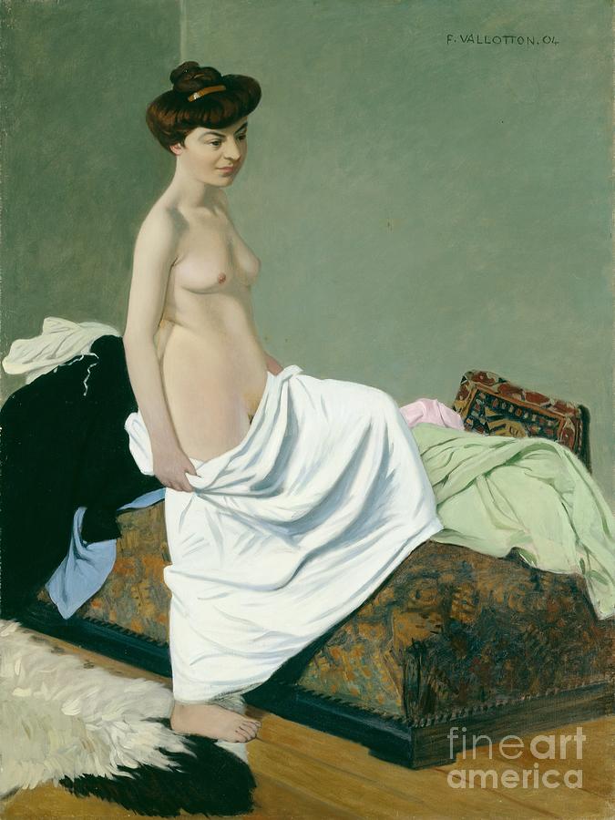 Nude Painting - Standing nude holding a gown on her knee by Felix Vallotton