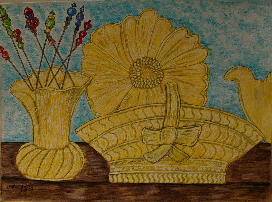 Stangl Pottery Satin Yellow Pattern and Vintage Hat Pins Painting by Kathy Marrs Chandler