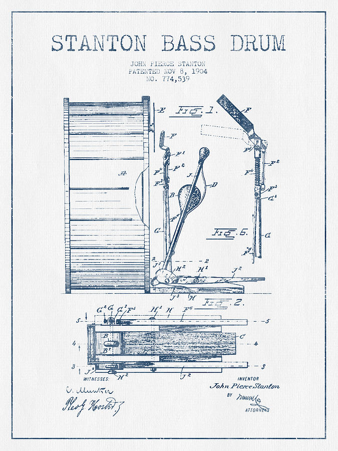 Music Digital Art - Stanton Bass Drum Patent Drawing from 1904 - Blue Ink by Aged Pixel