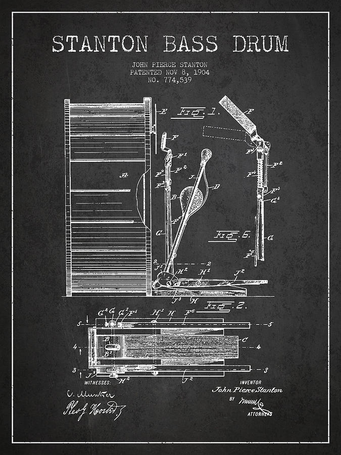 Music Digital Art - Stanton Bass Drum Patent Drawing from 1904 - Dark by Aged Pixel