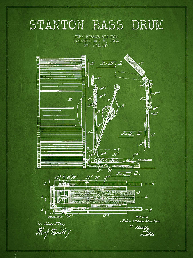 Music Digital Art - Stanton Bass Drum Patent Drawing from 1904 - Green by Aged Pixel