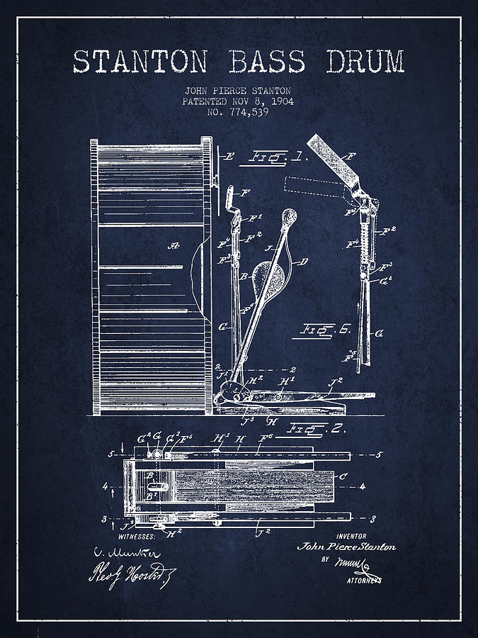 Stanton Bass Drum Patent Drawing From 1904 - Navy Blue Digital Art