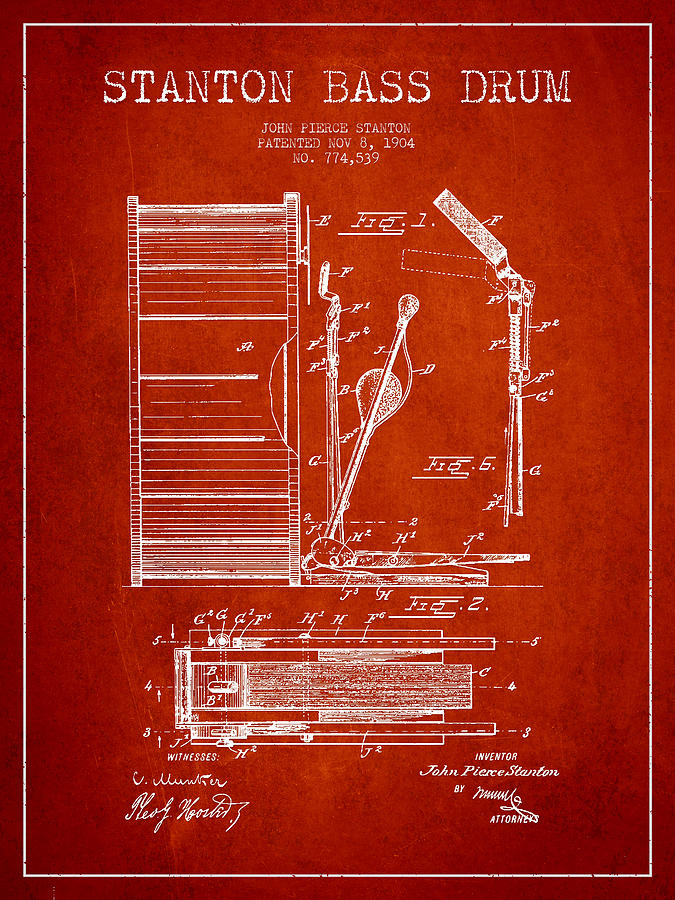 Music Digital Art - Stanton Bass Drum Patent Drawing from 1904 - Red by Aged Pixel