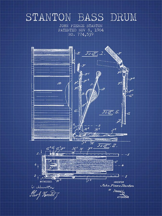 Music Digital Art - Stanton Bass Drum Patent from 1904 - Blueprint by Aged Pixel
