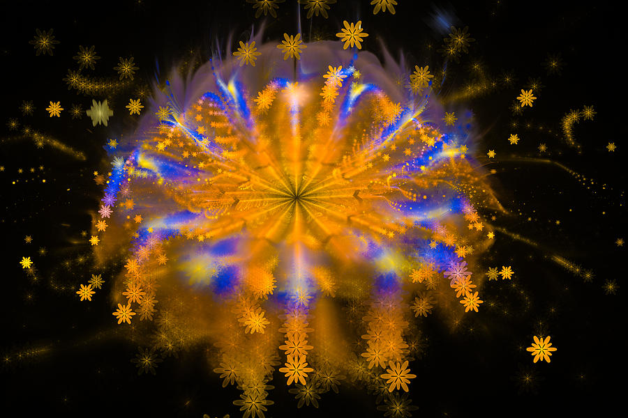 Star Explosion Fractal Firework Orange Golden Blue Digital Art