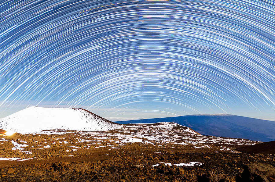 Star Trails Above Snowy Mauna Loa Photograph by Jason Chu