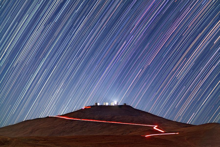 Star Trails Over Cerro Paranal Telescopes Photograph by Juan Carlos Casado (starryearth.com)