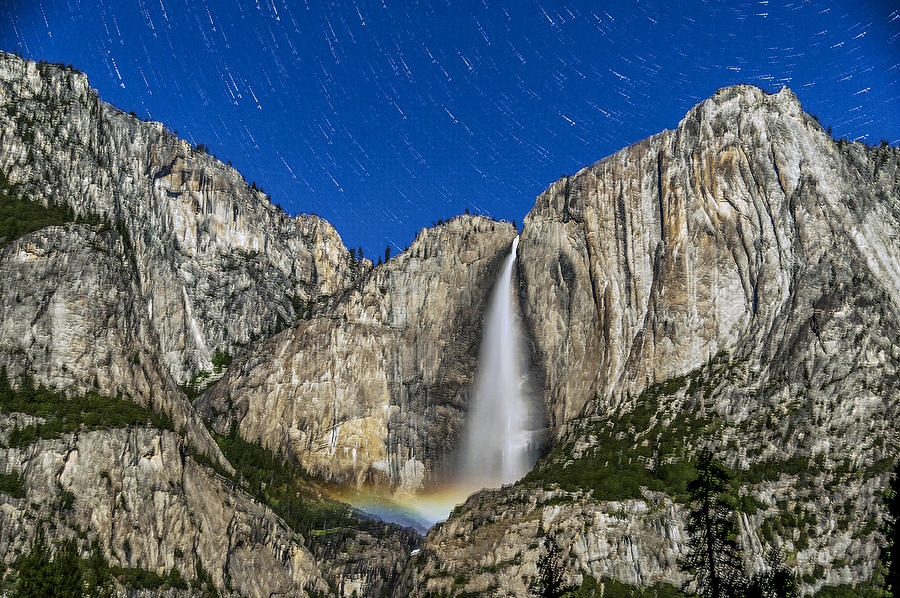 Star Trails over Yosemite Falls Moonbow Photograph by Cat Connor