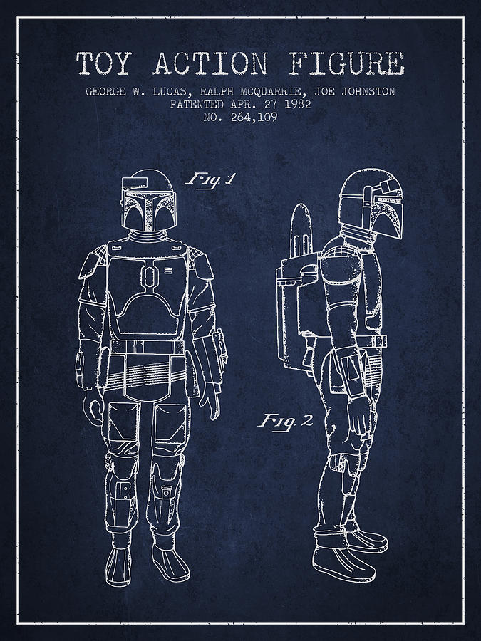 Star Wars Digital Art - Star Wars Boba Fett patent from 1982 - Navy Blue by Aged Pixel