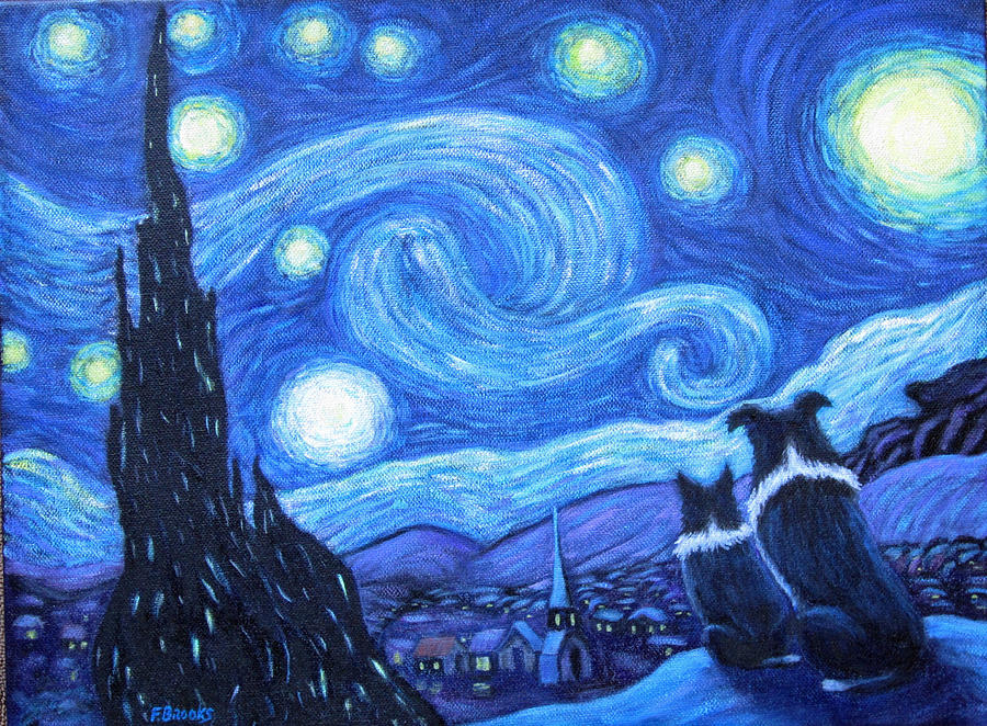 Vincent Van Gogh Painting - Starry Night Border Collies by Fran Brooks