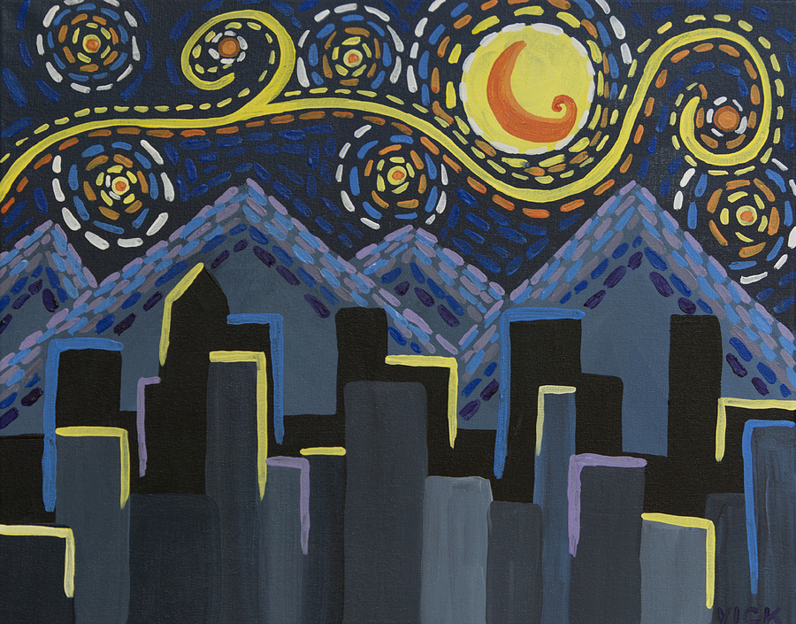 Mountain Painting - Starry Night Cityscape by Angelina Tamez