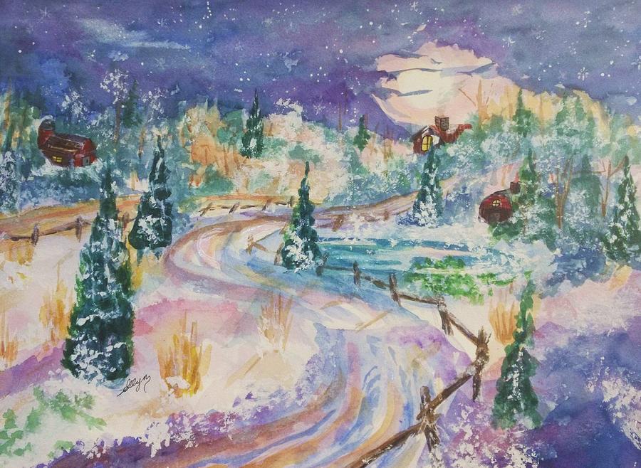 Winter Painting - Starry Night in a Winter Wonderland by Ellen Levinson