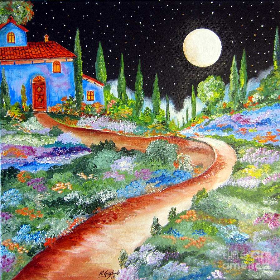 Starry night in Tuscany and a full moon Painting by Roberto Gagliardi