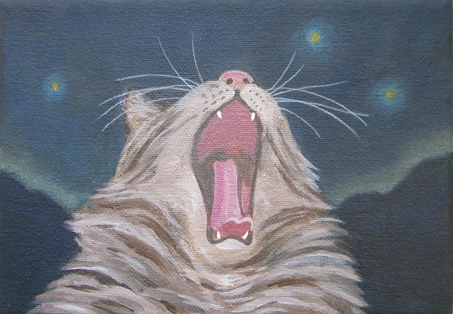 Starry Night Kitty Yawn Bright Painting by Kazumi Whitemoon