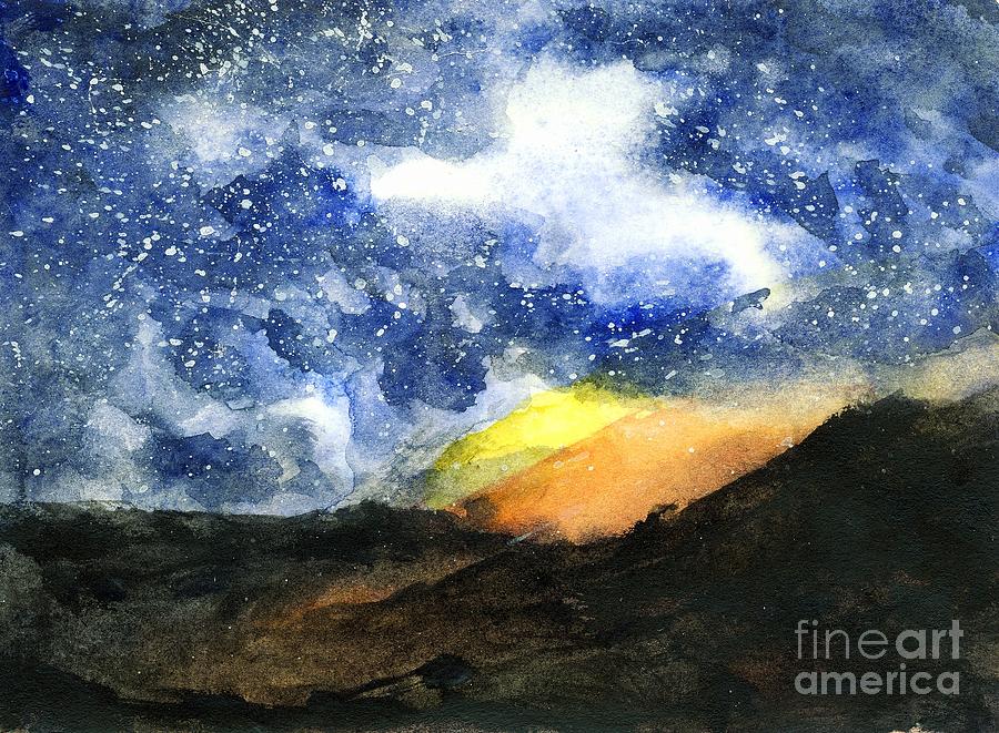 Starry Night With Fire in Santa Monica Mountains Painting by Randy Sprout