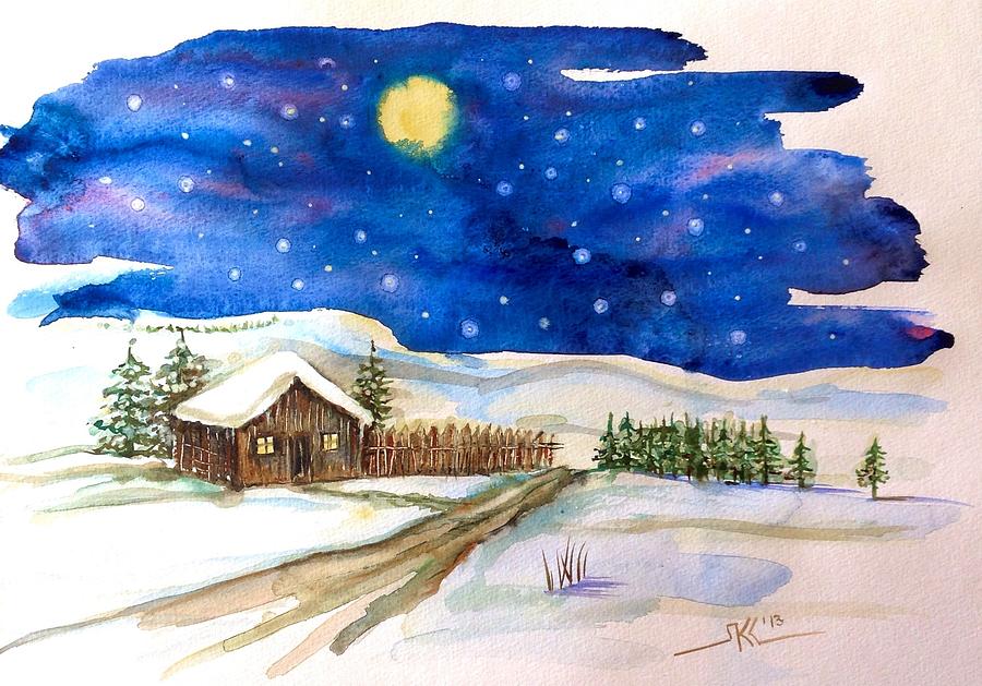Starry winter night Painting by Katerina Kovatcheva