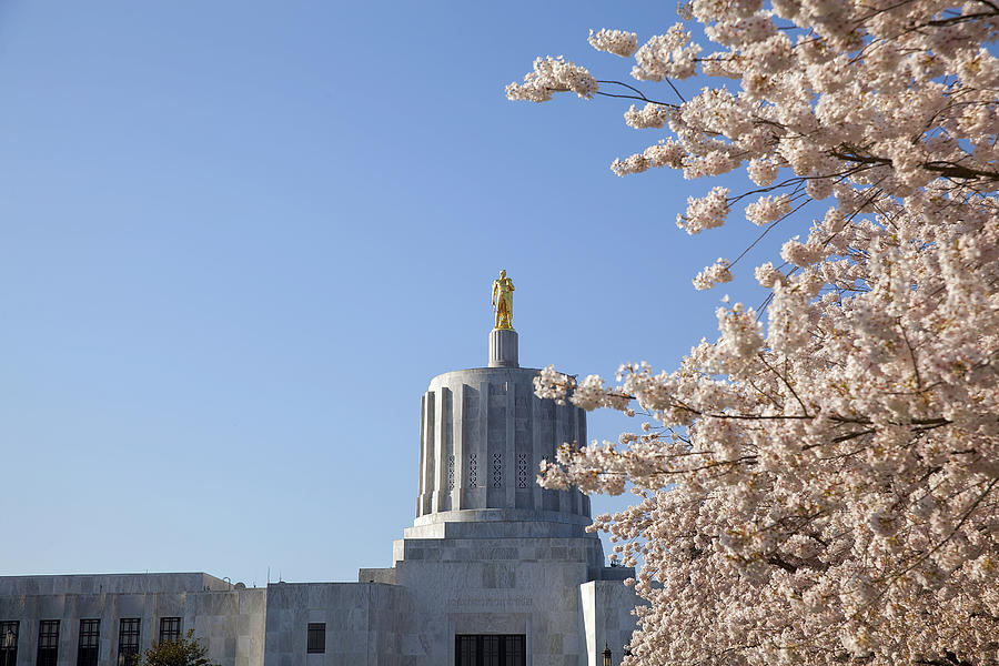 State Of Oregon Capitol With Golden Pioneer Statue Photograph