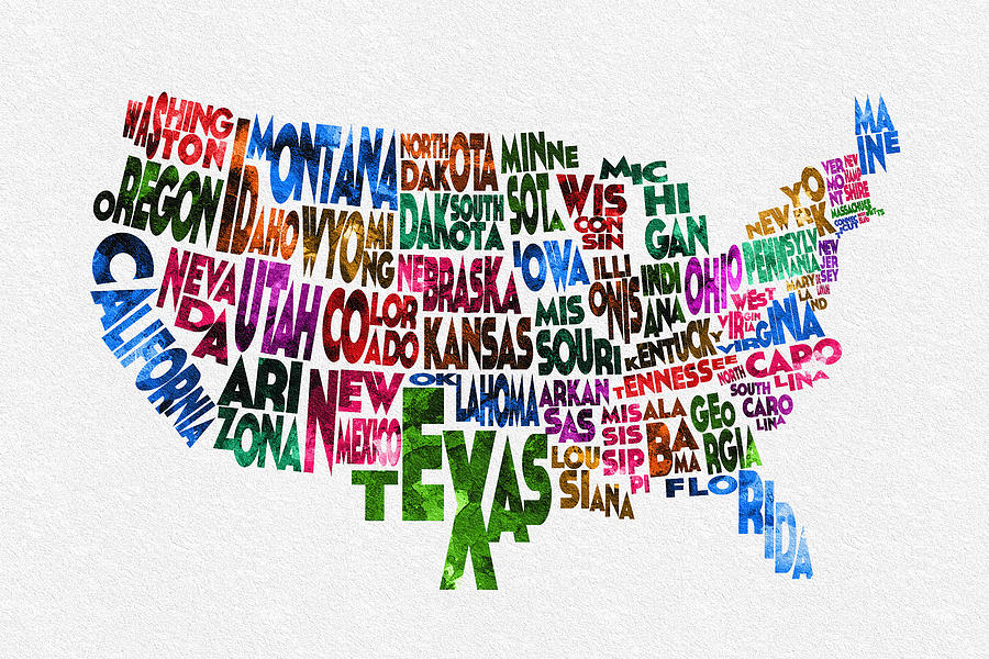 City Painting - States of United States Typographic Map by Inspirowl Design