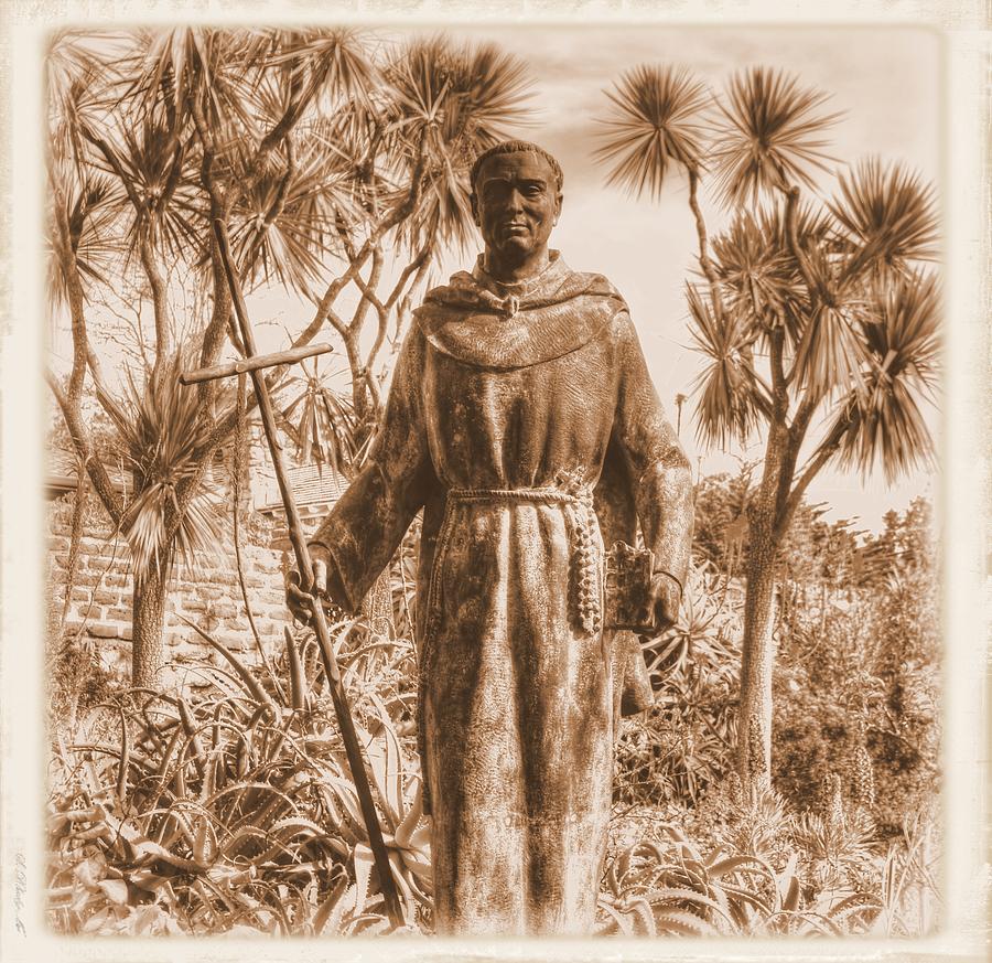 Statue of Saint Junipero Serra in the Gardens of the Carmel Mission Forecourt - Close Sepia Photograph by Michael Mazaika