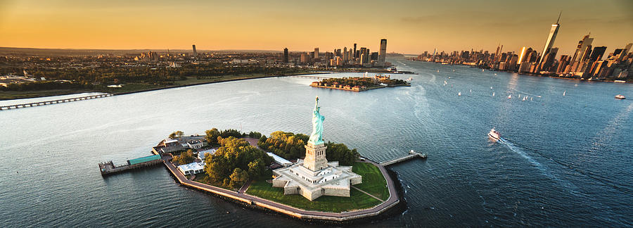 Statue Of Liberty Aerial View With Manhattan On The Background Photograph by Franckreporter