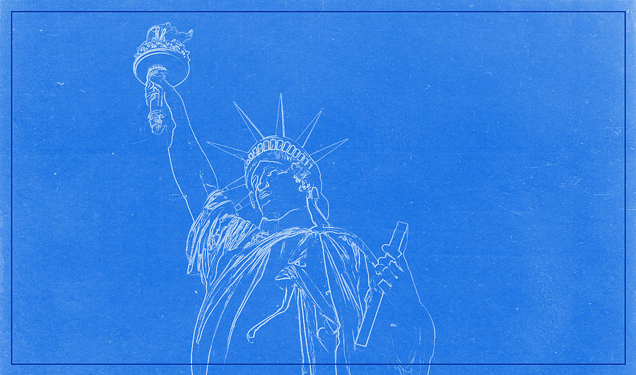 Chicago Skyline Painting - Statue of Liberty BluePrint by Celestial Images