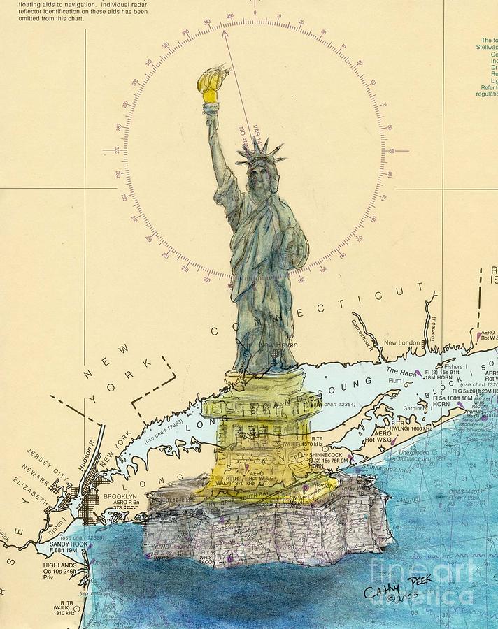 Map Painting - Statue of Liberty NY Nautical Chart Map Art Cathy Peek by Cathy Peek