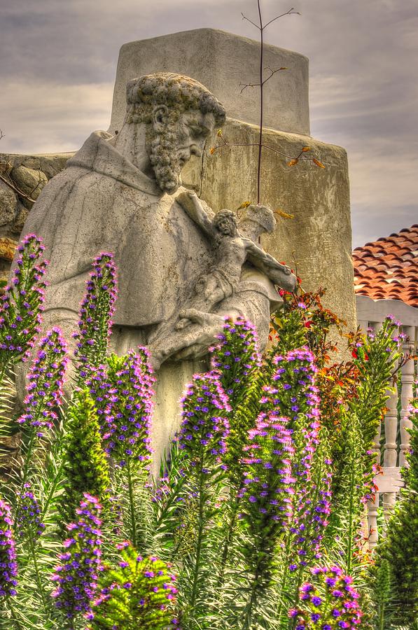 Statue of St Francis Holding Crucifix 1A - Gardens of Carmel Mission Forecourt - Carmel by the Sea Photograph by Michael Mazaika