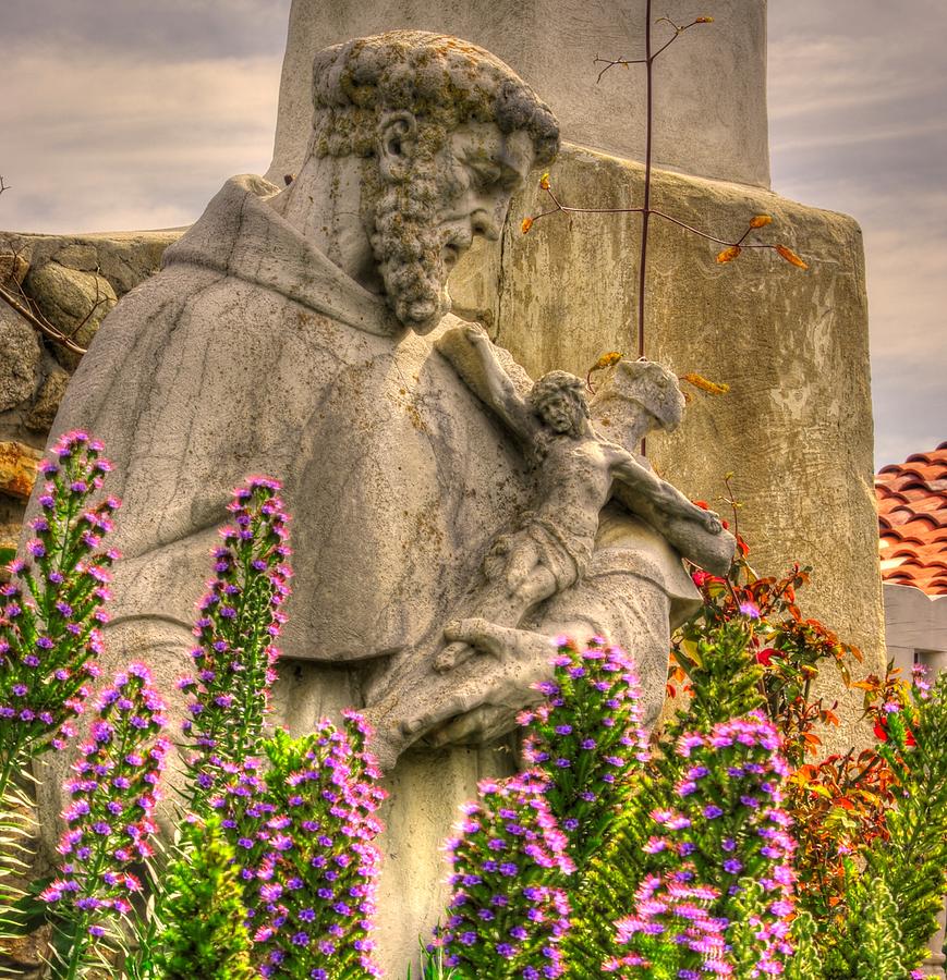 Statue of St Francis Holding Crucifix 2A - Gardens of Carmel Mission Forecourt - Carmel by the Se Photograph by Michael Mazaika