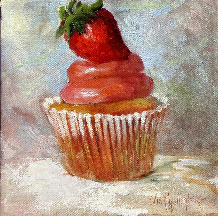 Stawberry Topped Cupcake Painting by Cheri Wollenberg