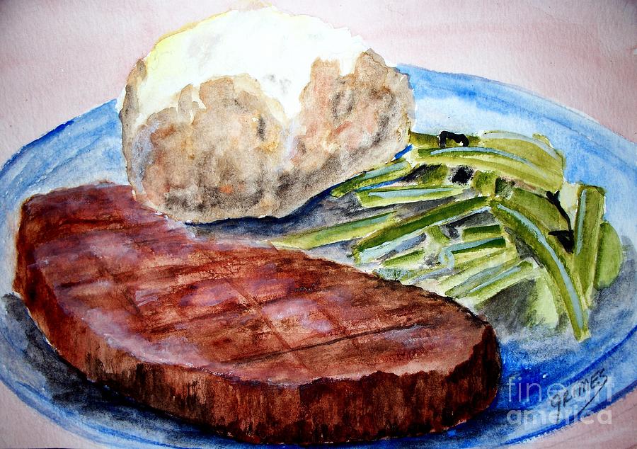 Potato Painting - Steak and Baked Potato by Carol Grimes