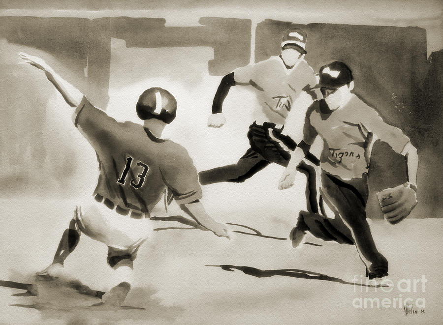 Baseball Painting - Stealing Second BW by Kip DeVore