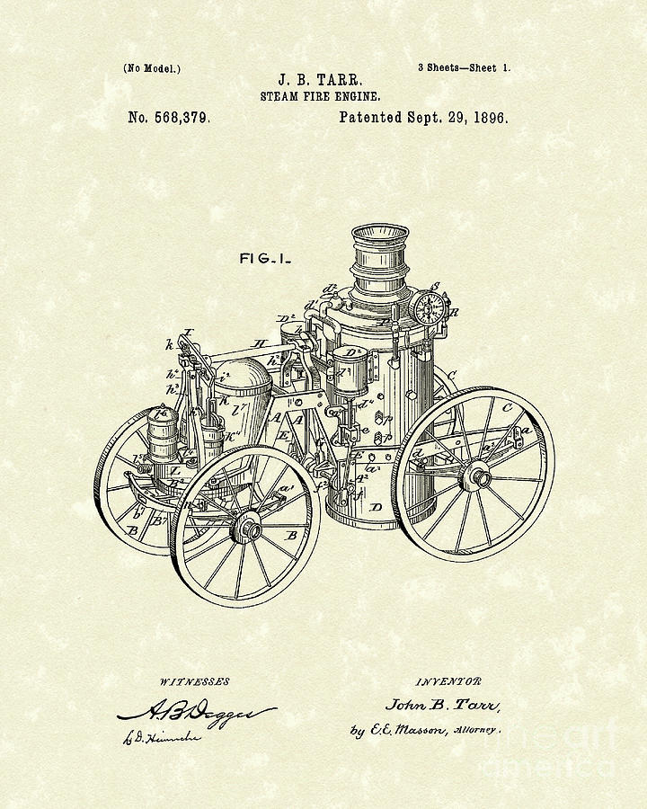 Steam Engine 1896 Patent Art Drawing by Prior Art Design