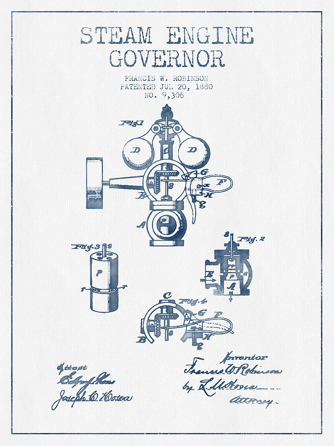Vintage Digital Art - Steam Engine Governor Patent Drawing From 1880- Blue Ink by Aged Pixel