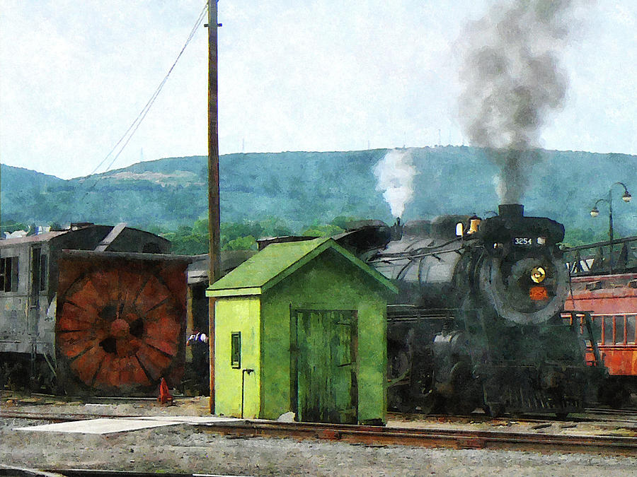 Train Photograph - Steam Locomotive Coming into Train Yard by Susan Savad