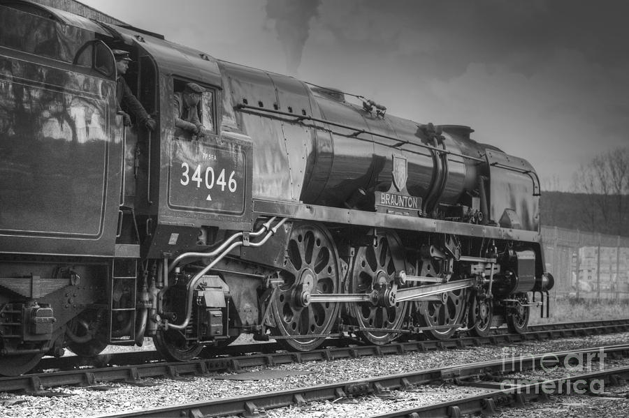 Steam locomotive 34046 Braunton in black and white Photograph by David Birchall
