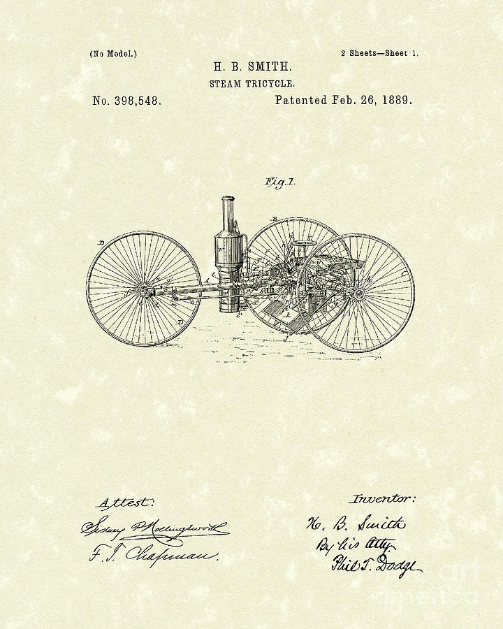 Steam Tricycle 1889 Patent Art Drawing by Prior Art Design