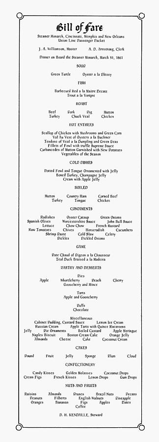 Steamboat Menu, 1861 by Granger