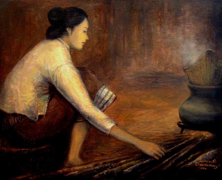Steaming Sticky Rice Painting by Sompaseuth Chounlamany