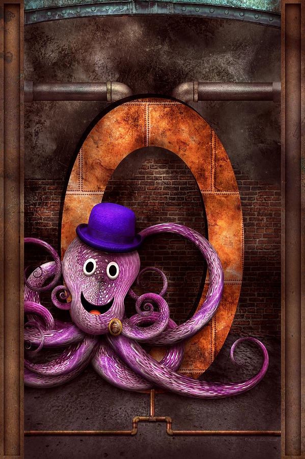 Science Fiction Digital Art - Steampunk - Alphabet - O is for Octopus by Mike Savad