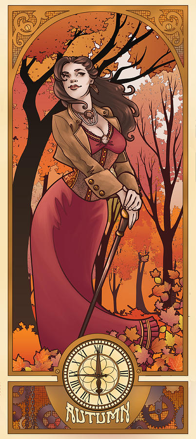 Mucha Digital Art - Steampunk Autumn by Danielle Zemba Mucha Digital Art - Steampunk Autumn by Danielle Zemba