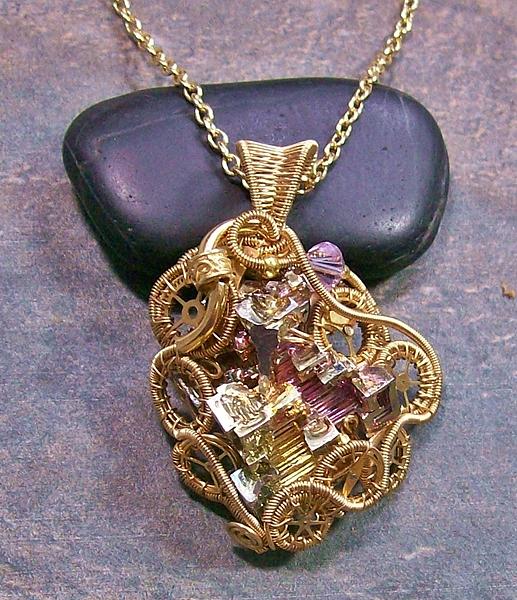 Necklace Jewelry - Steampunk Bismuth and Swarovski Crystal Pendant in Gold- STMBSM12 by Heather Jordan