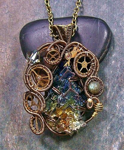 Necklace Jewelry - Steampunk Bismuth Labradorite and Swarovski Crystal Pendant in Bronze by Heather Jordan