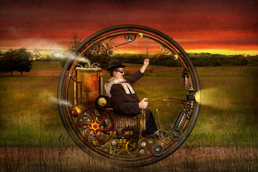 Motorcycle Digital Art - Steampunk - The gentlemans monowheel by Mike Savad