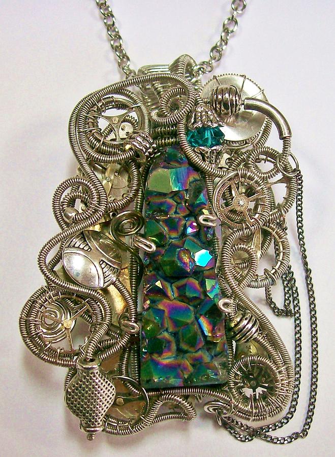 Necklace Jewelry - Steampunk Titanium Druzy and Swarovski Crystal Pendant -STMTiD2 by Heather Jordan