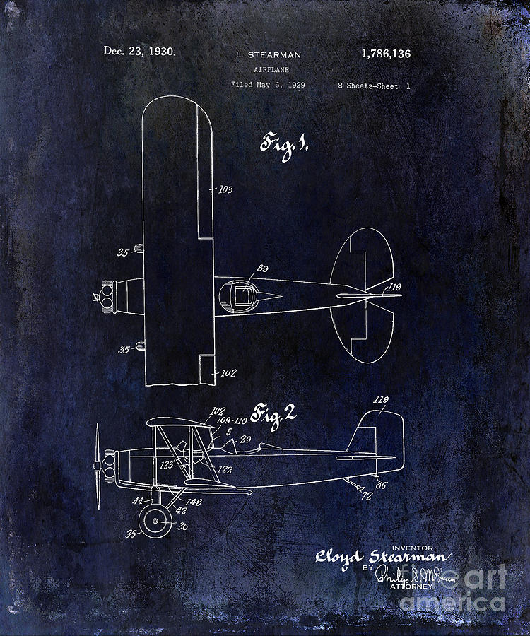 Stearman Airplane Photograph - 1929 Stearman Patent Drawing Blue by Jon Neidert