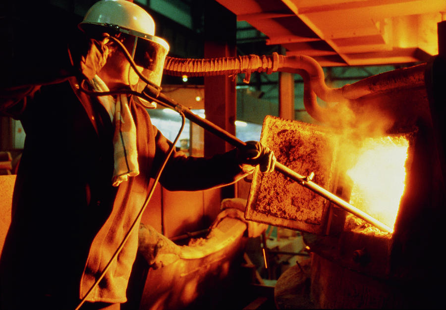 Steel Making Photograph - Steel Worker Checking Contents Of Furnace by Heine Schneebeli/science Photo Library